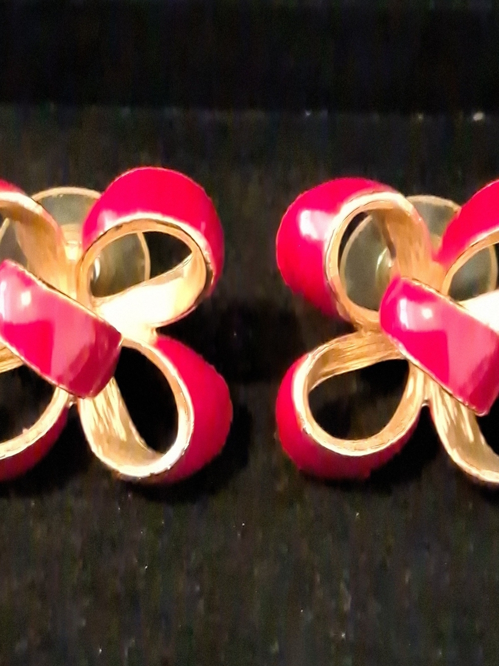 Vtg DONALD STANNARD Gold & Red Enamel Ribbon Bow ~Post Earrings